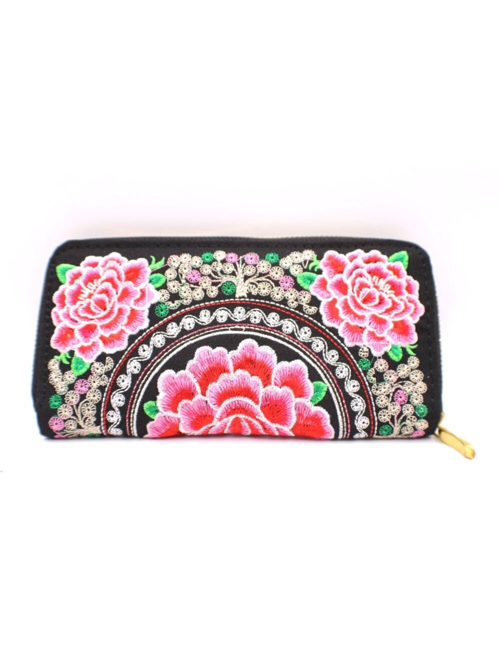 New Embroidered Pink Floral Full Zip Wallet Clutch Gold Accents Card Holder Vtg